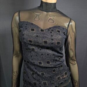 Y2K Black Glitter Mesh Top Flocked Velvet Size S Whimsigoth Goth Grunge
